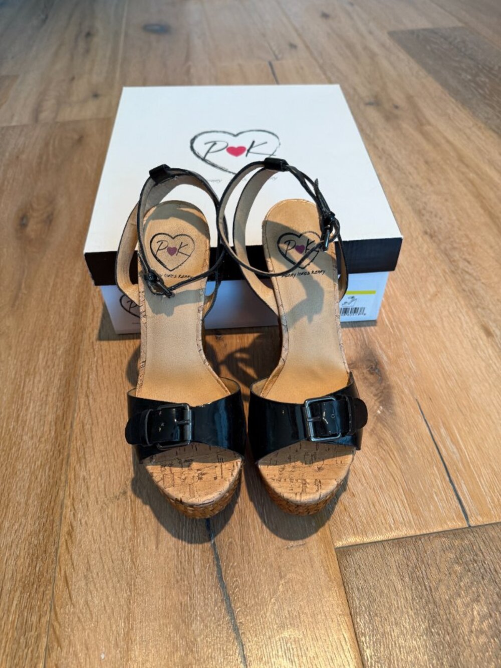 Penny Loves Kenny Black Patent Espadrille Wedges Sandals with Buckle With Box